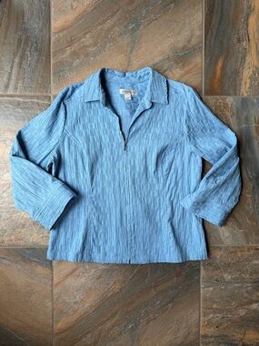 Christopher & Banks Blue Crinkle Textured Zip Front Jacket 3/4 Sleeve Large